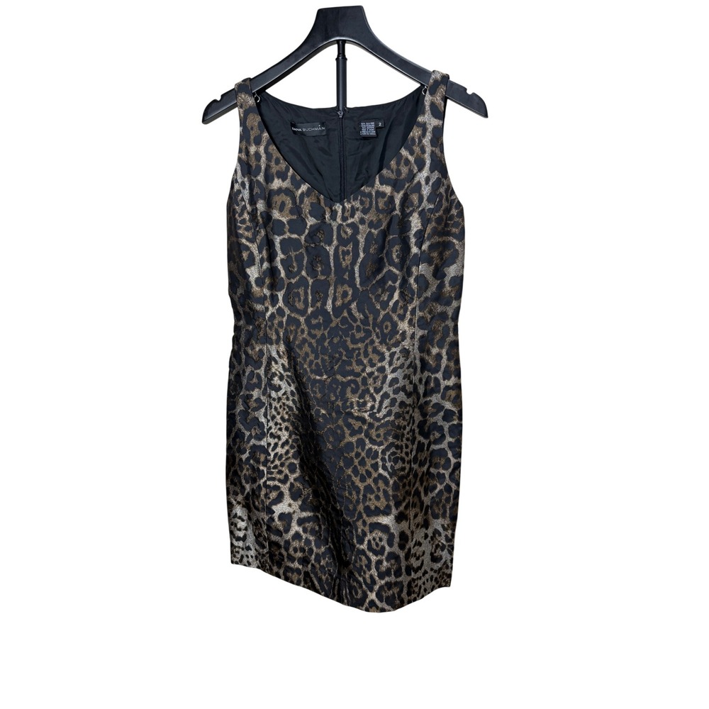 Dana Buchman Silk Leopard Print Sheath Dress V-Neck Sleeveless Gold Black Size 2